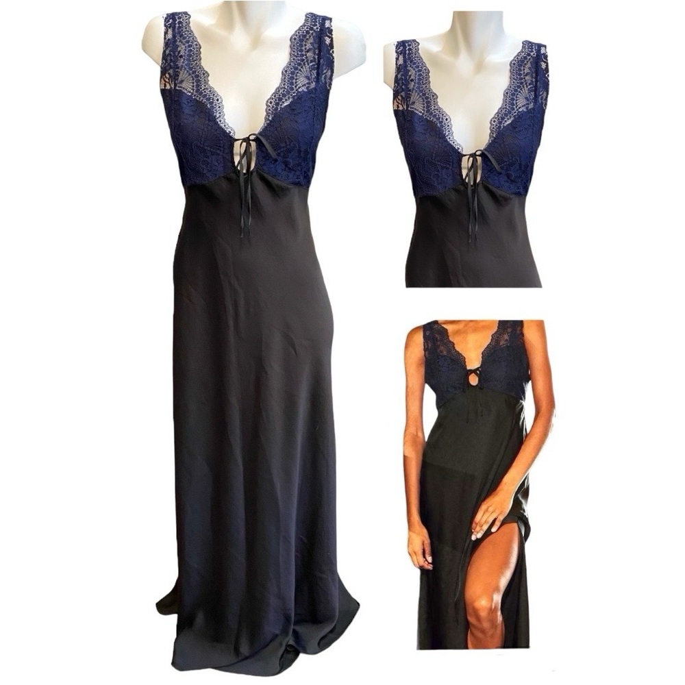 Free People Countryside Maxi Slip Dress Petite L Navy Black Lace Boho Maxi Gown